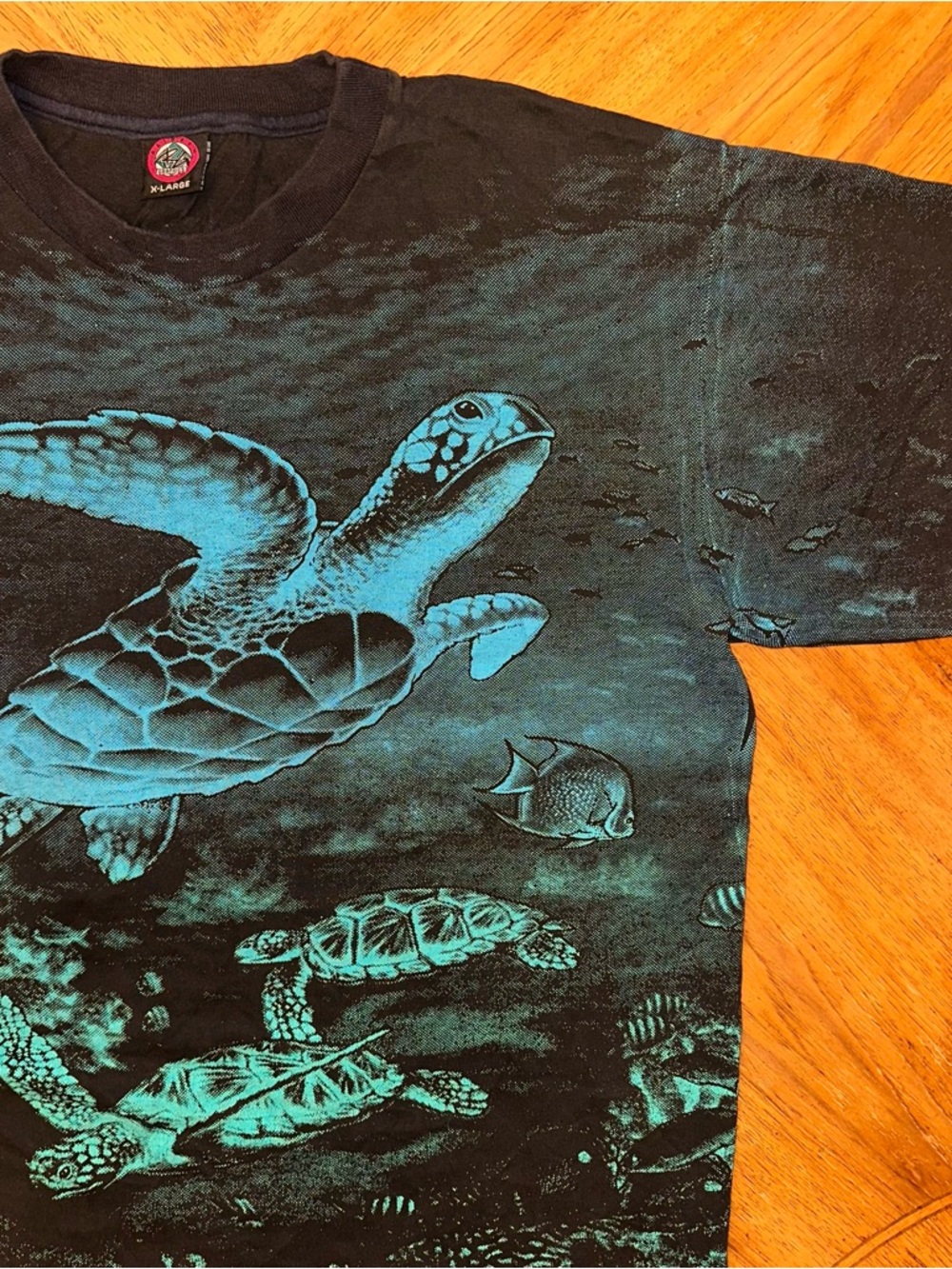 Vintage Sea Turtle Tshirt Mens Size XL Black Green AOP Nature Tee Discovery I